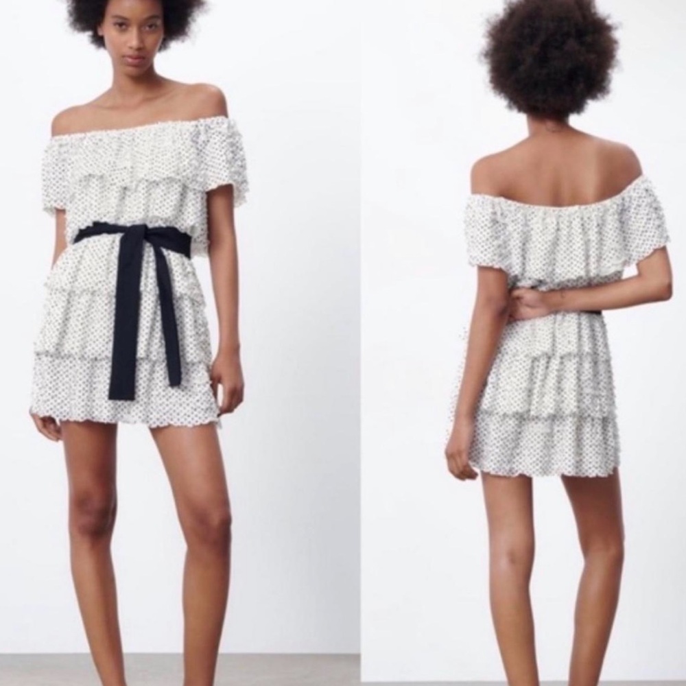 Zara Strapless Polka-Dot off the shoulder ruffle mini dress